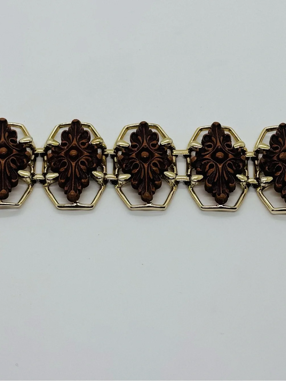 Vintage 1950s–1960s Selini Faux Wood & Gold-Tone Panel Link Bracelet SIGNED